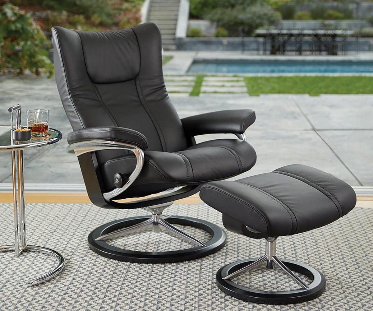 Stressless® Wing Recliner & Ottoman with Signature Base - Black (49139221463334)