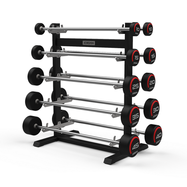 Jordan Rubber Barbell Set 10-45kg Solid Ends with Straight Bars and Rack