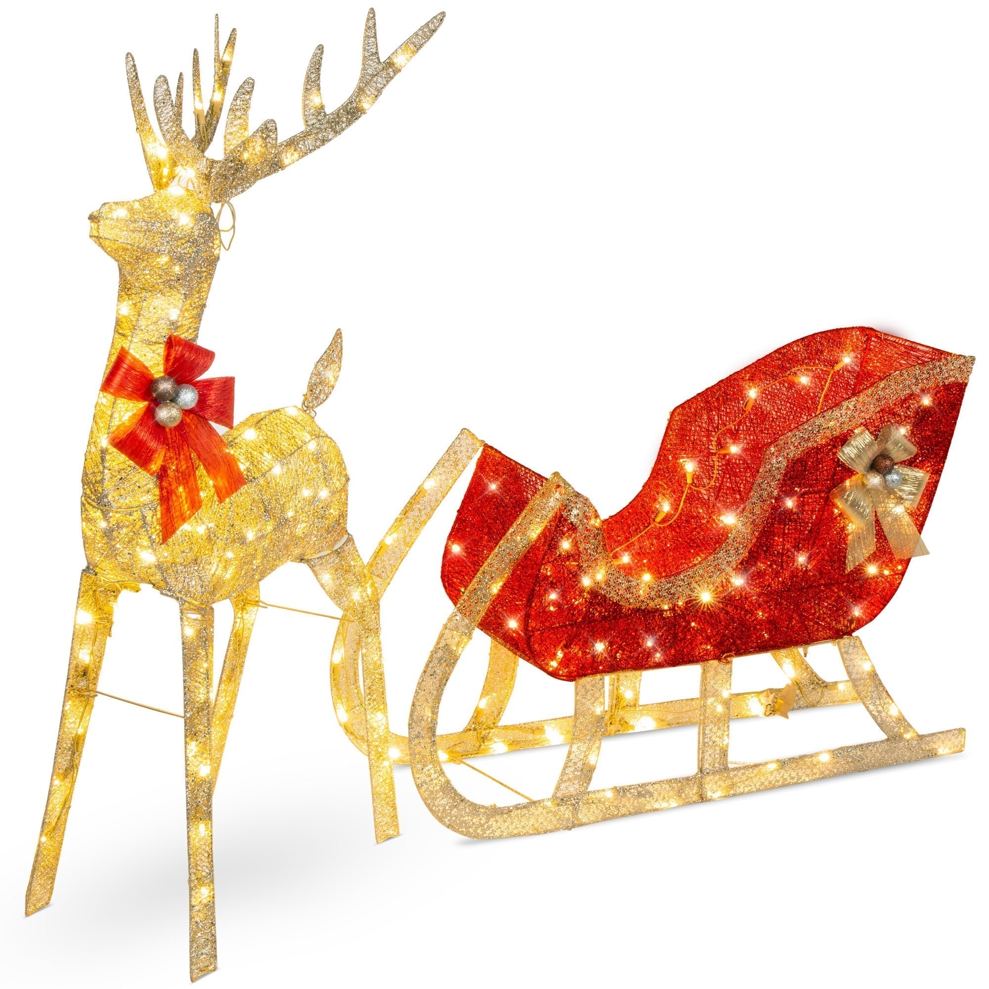 Lighted Christmas Reindeer & Sleigh Outdoor Decor Set w/ LED Lights (49140491878694)