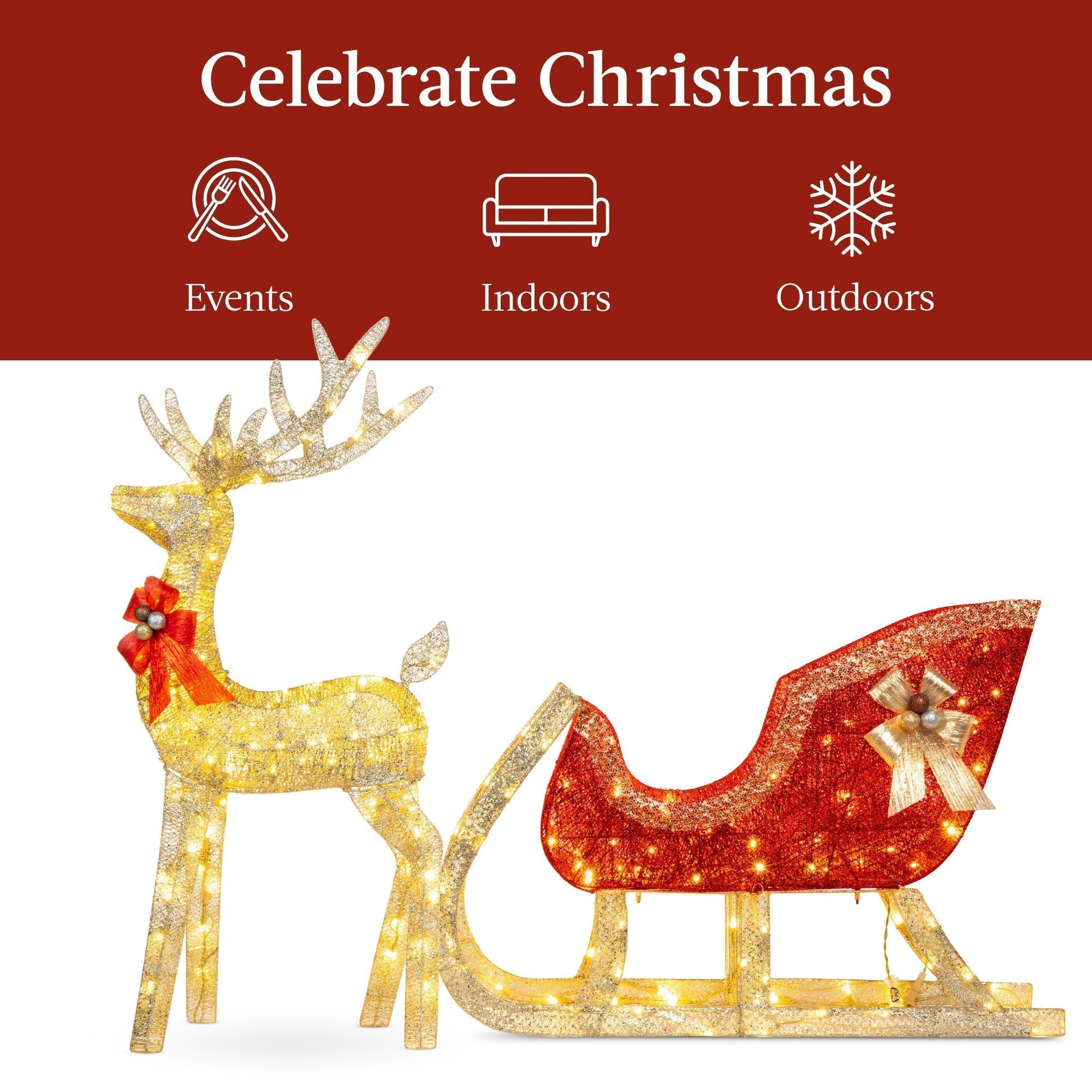 Lighted Christmas Reindeer & Sleigh Outdoor Decor Set w/ LED Lights (49140491944230)