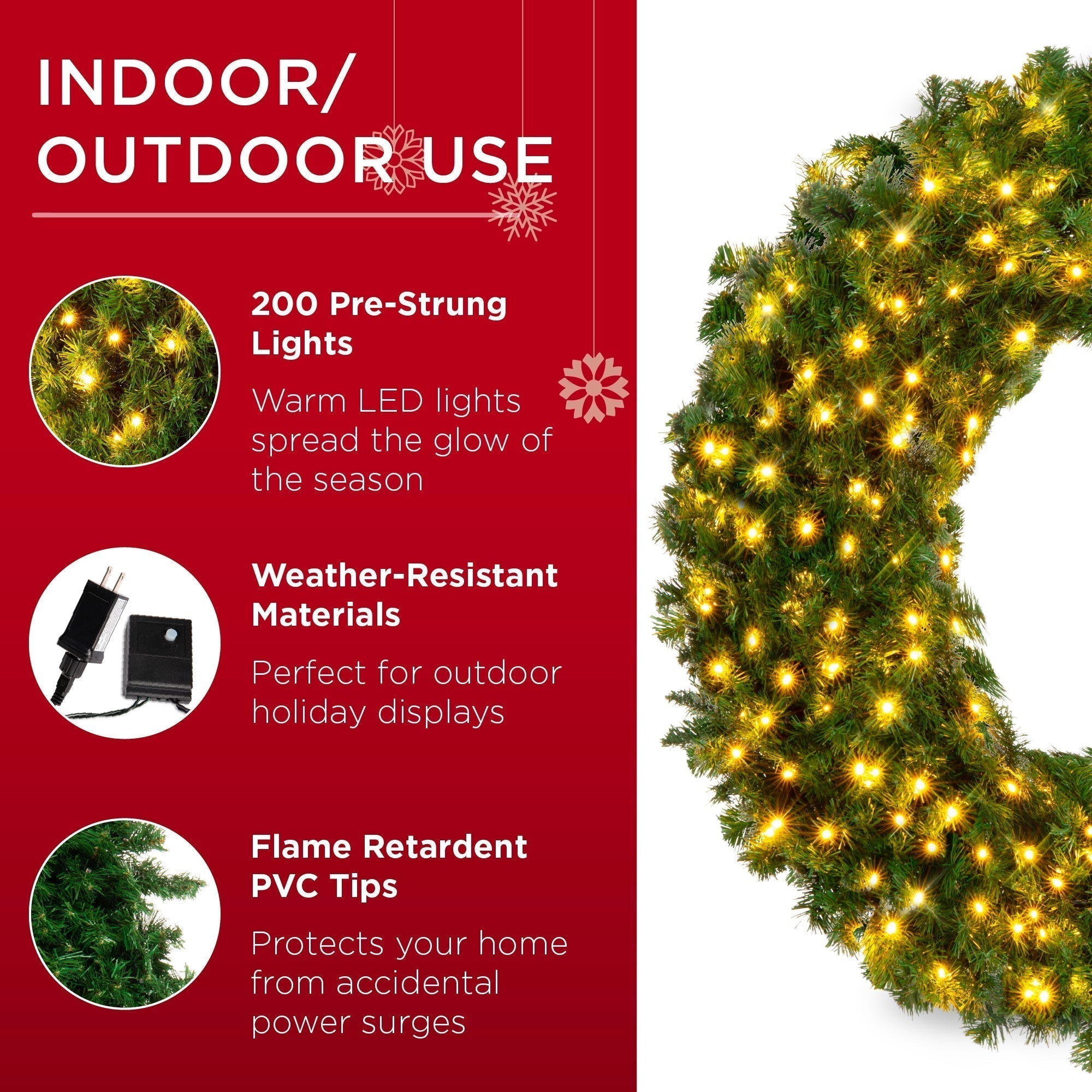 Pre-Lit Artificial Fir Christmas Wreath w/ LED Lights, Plug-In, PVC Tips (49140481458470)