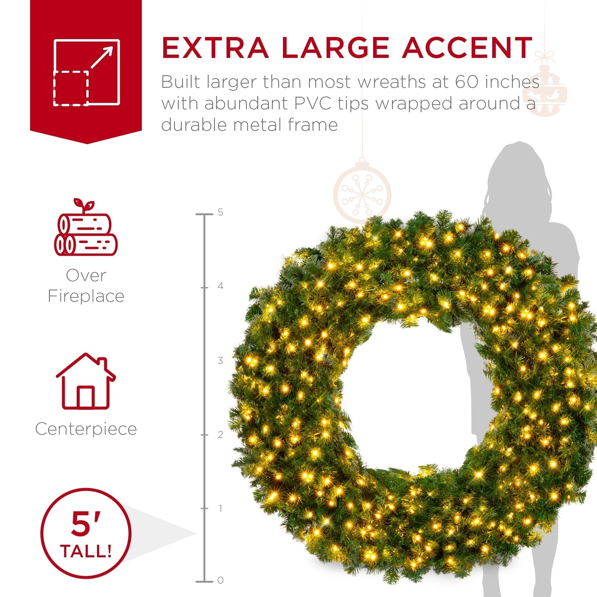 Pre-Lit Artificial Fir Christmas Wreath w/ LED Lights, Plug-In, PVC Tips (49140481687846)