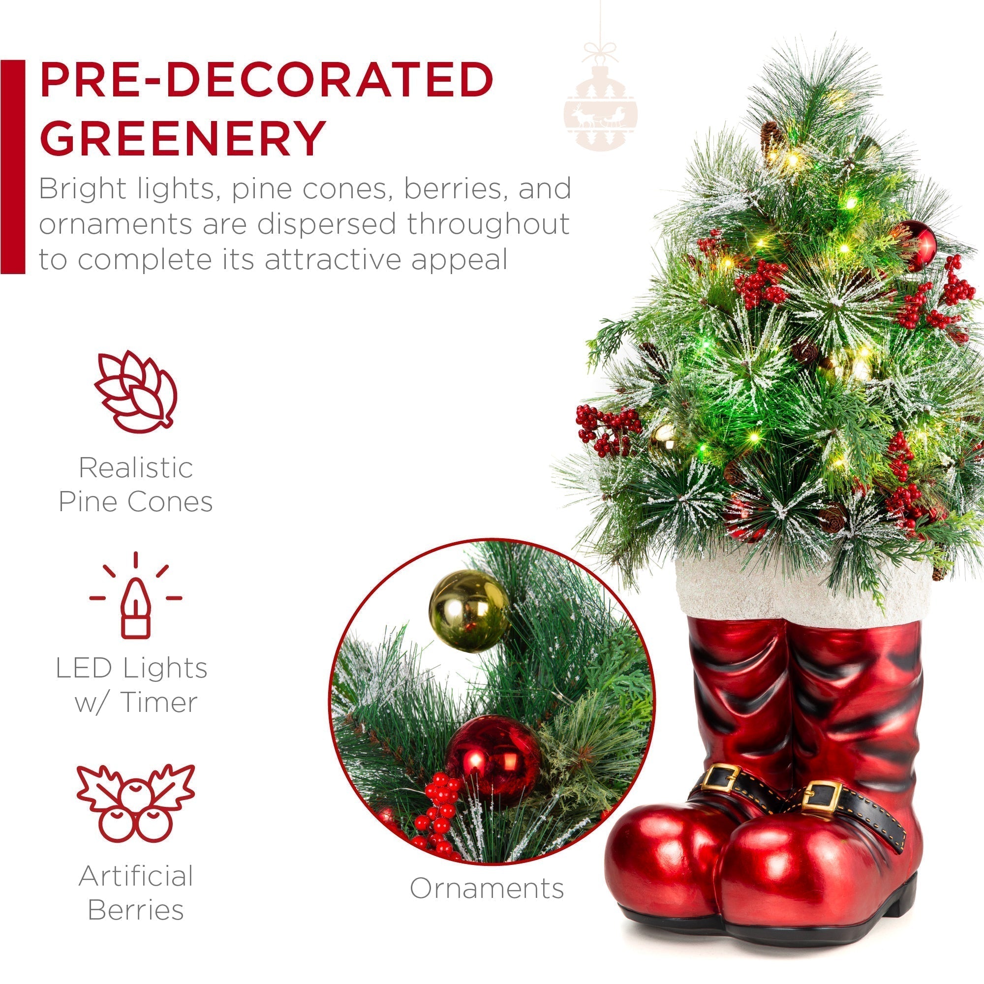 Santa Boots w/ Pre-Decorated Christmas Greenery, Lights - 40in (49140494663974)