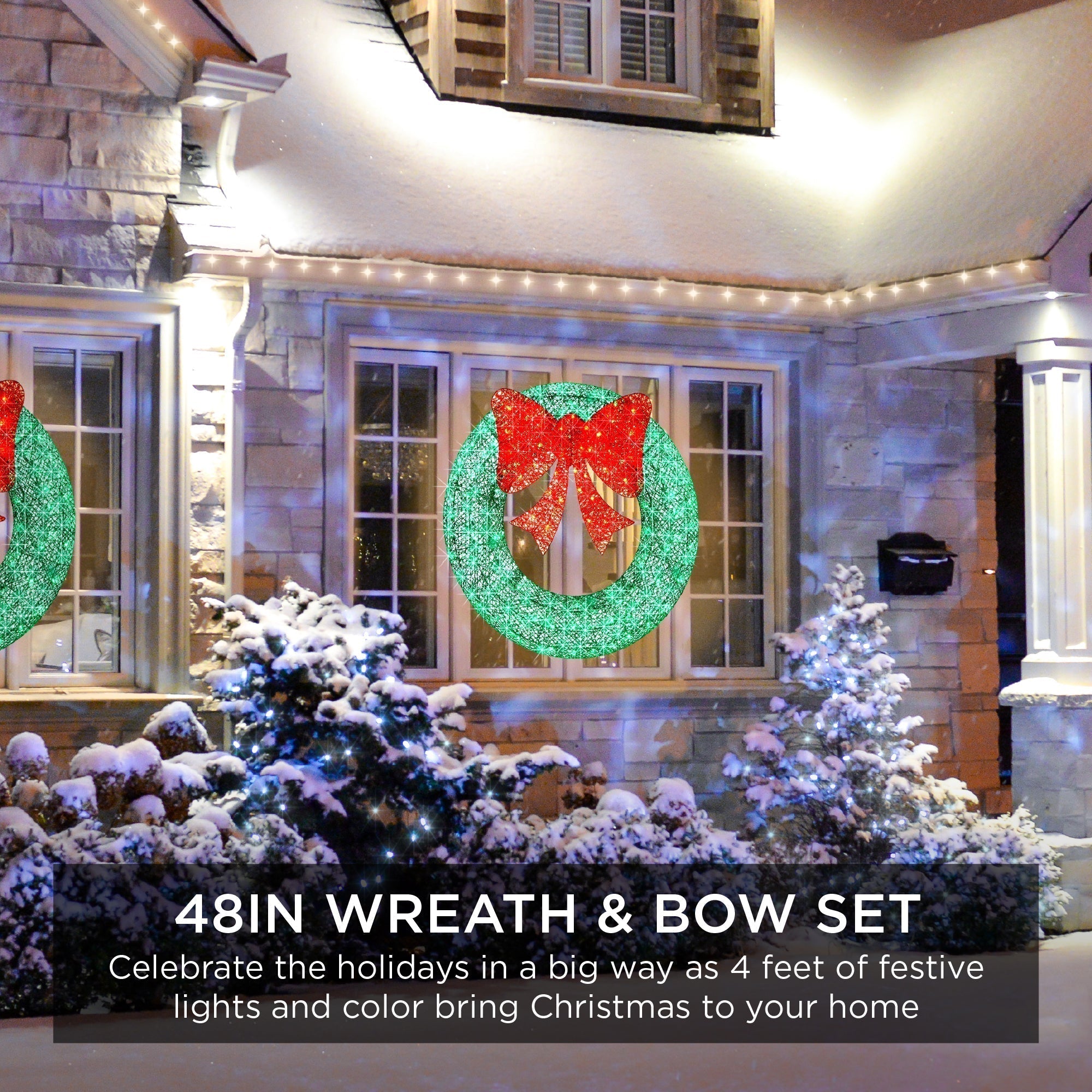 Pre-Lit Outdoor Christmas Wreath, LED Metal Holiday Decor w/ Bow - 48in (49140471890214)