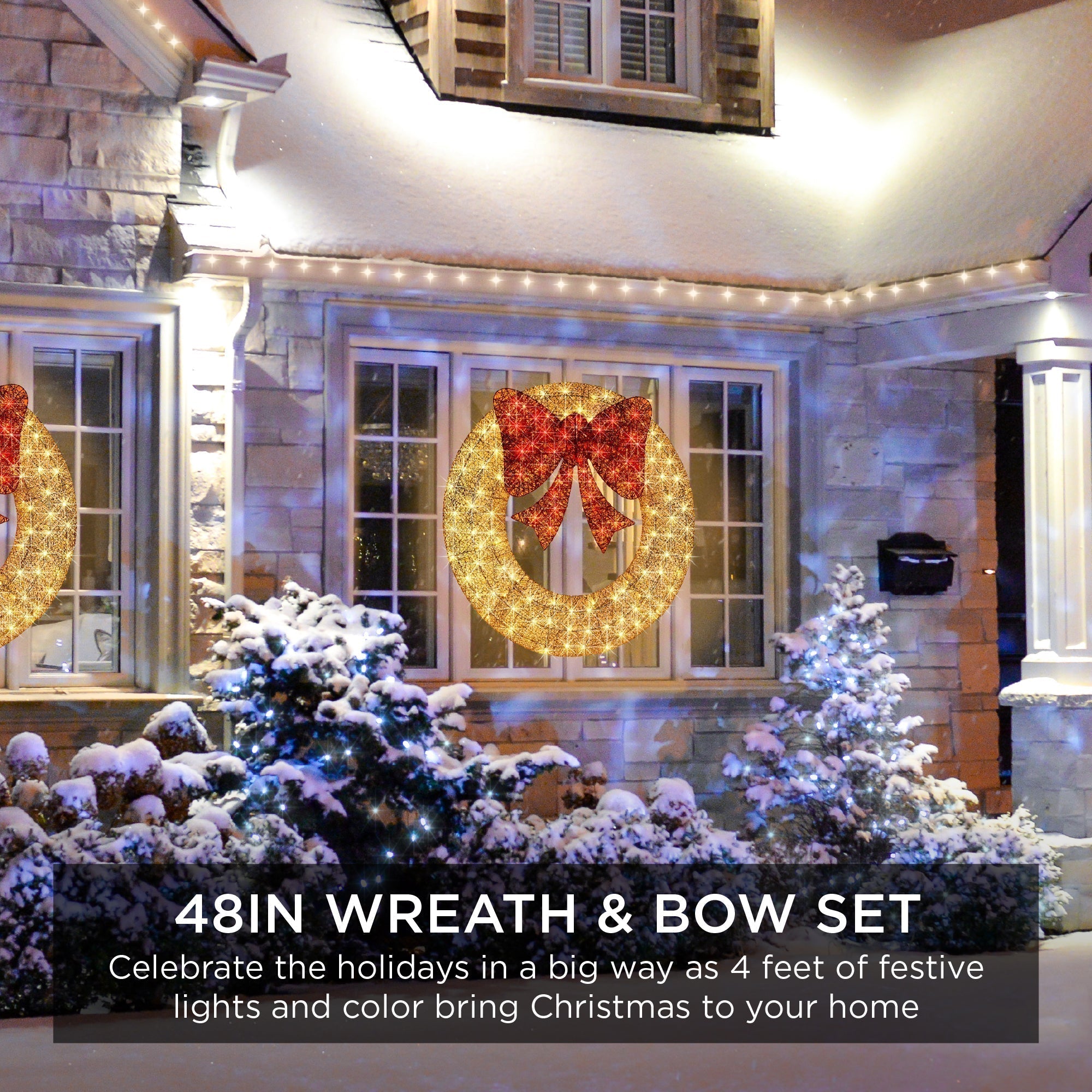 Pre-Lit Outdoor Christmas Wreath, LED Metal Holiday Decor w/ Bow - 48in (49140472578342)