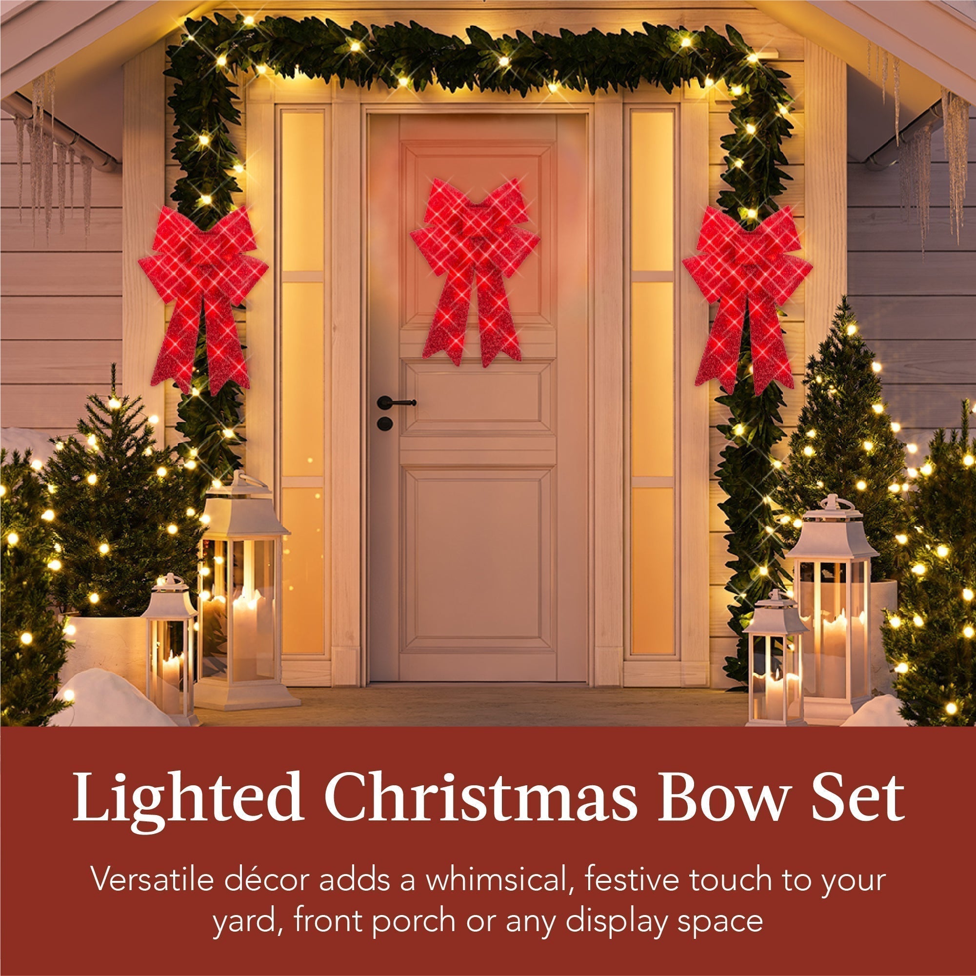 Set of 3 Pre-Lit Christmas Bow Decoration, LED Holiday Decor w/ 8 Functions (49140496695590)