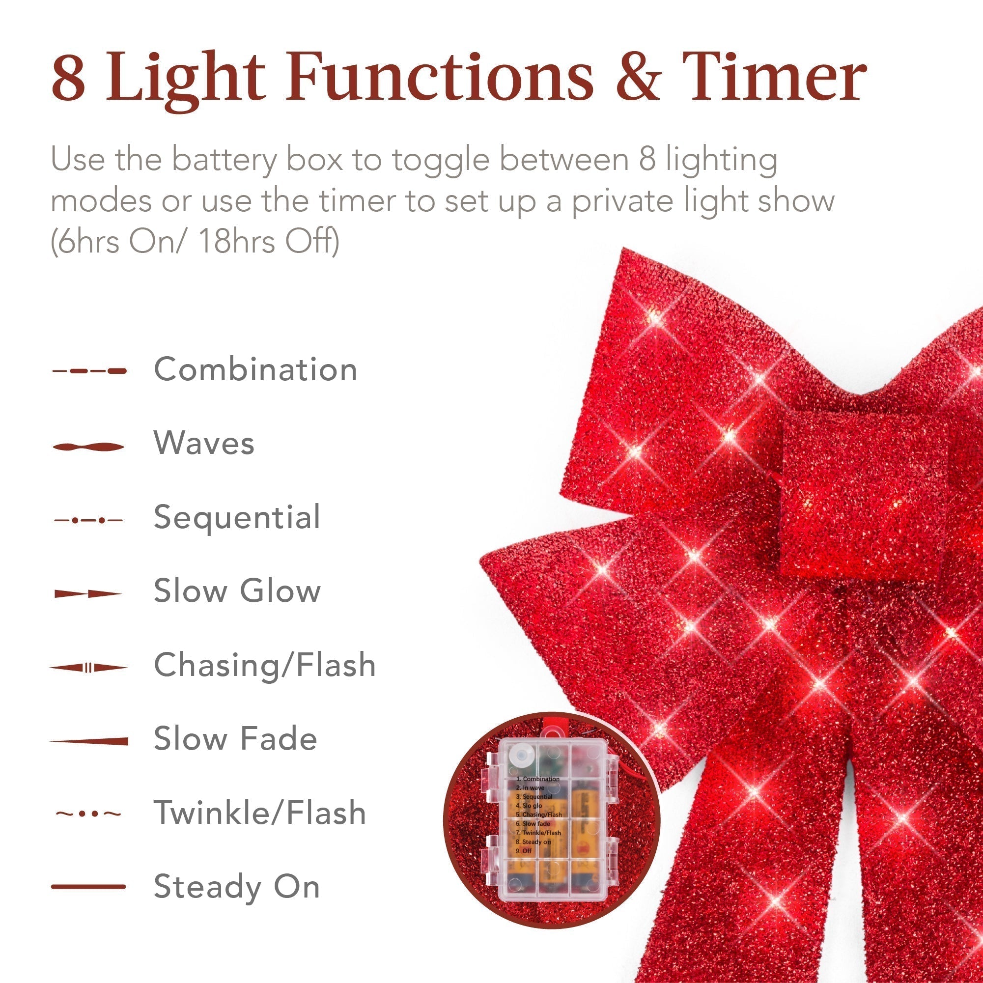 Set of 3 Pre-Lit Christmas Bow Decoration, LED Holiday Decor w/ 8 Functions (49140496728358)