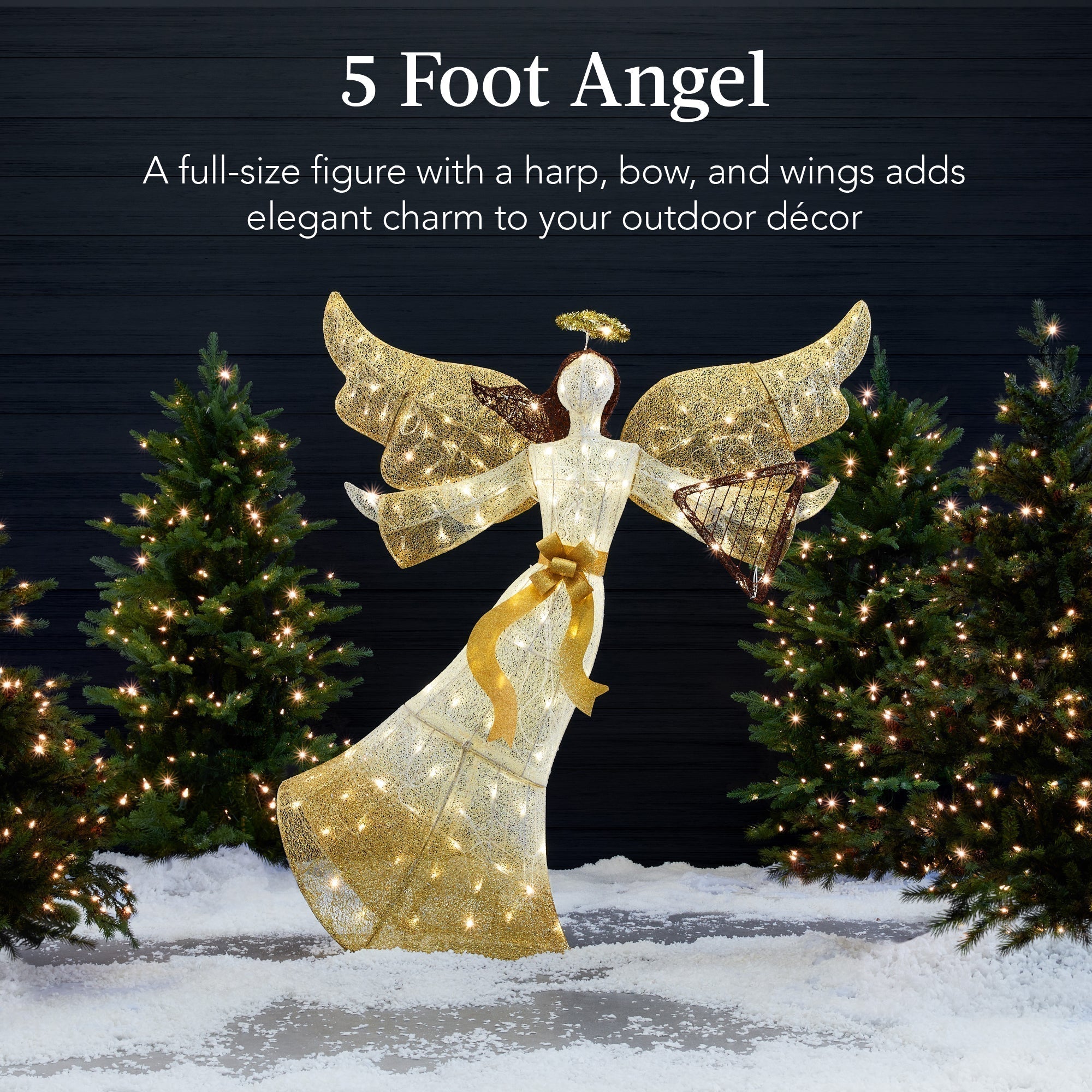 Lighted Outdoor Angel Christmas Decoration w/ 140 Lights, Harp, Stakes - 5ft (49140508623142)