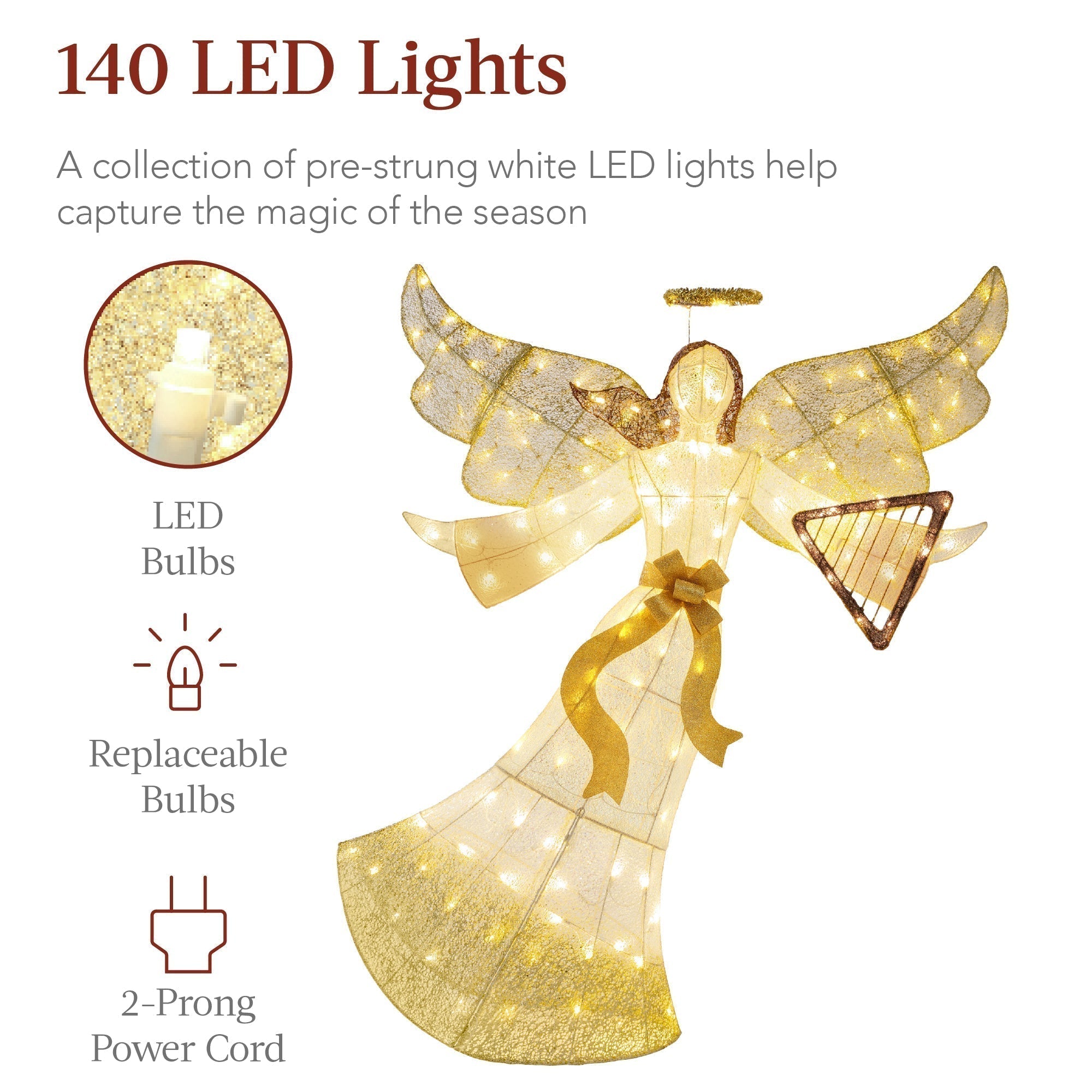 Lighted Outdoor Angel Christmas Decoration w/ 140 Lights, Harp, Stakes - 5ft (49140508655910)