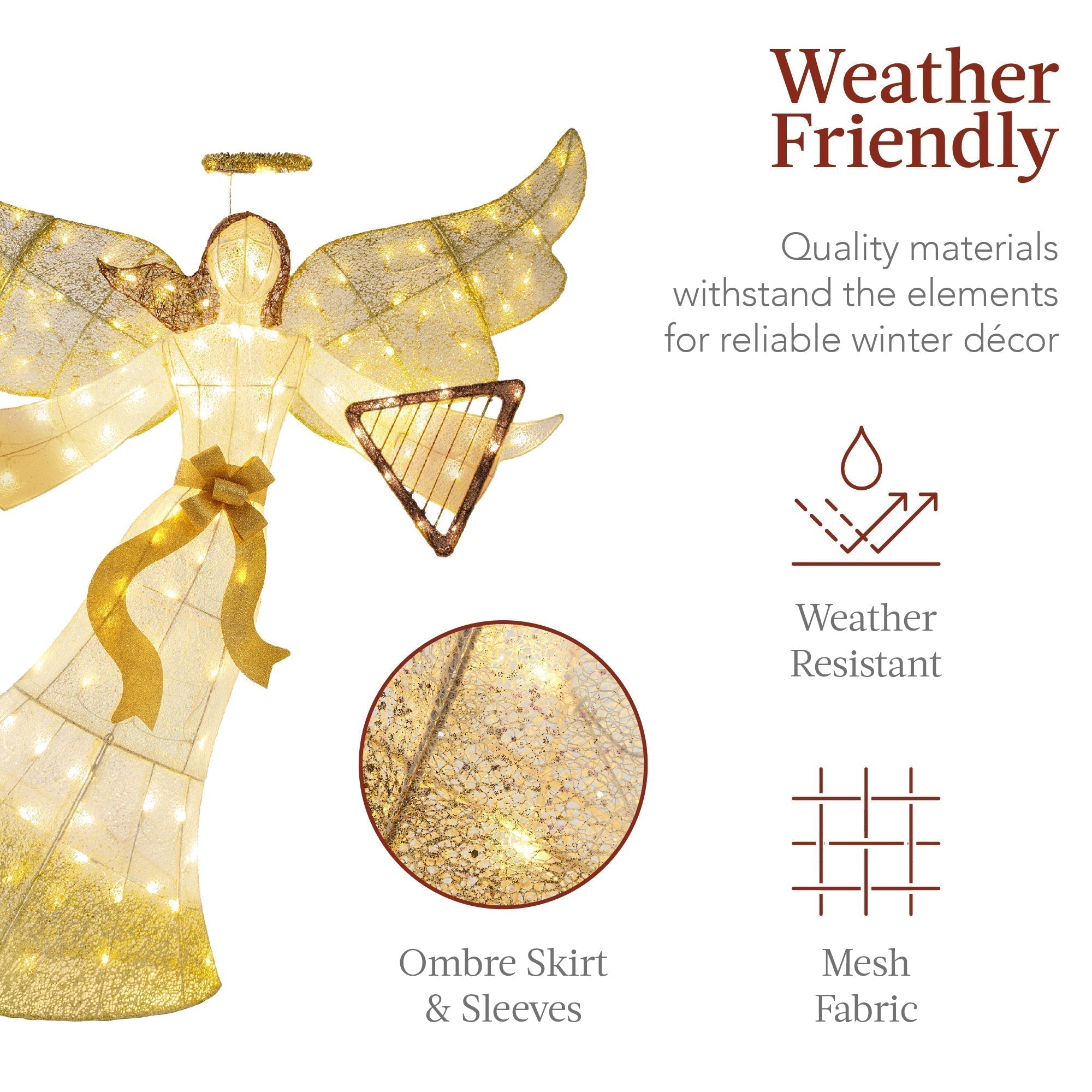 Lighted Outdoor Angel Christmas Decoration w/ 140 Lights, Harp, Stakes - 5ft (49140508721446)