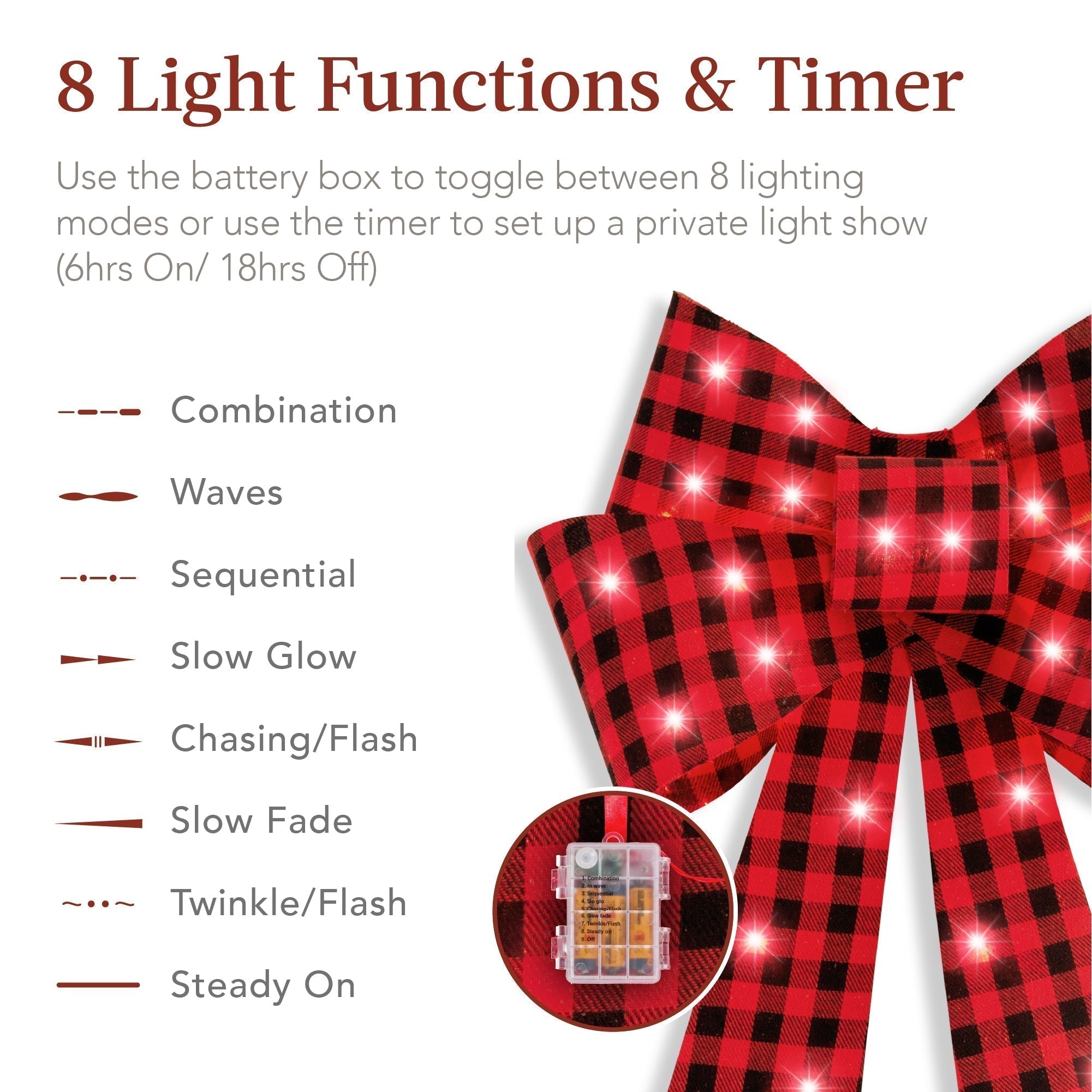 Set of 3 Pre-Lit Christmas Bow Decoration, LED Holiday Decor w/ 8 Functions (49140496957734)