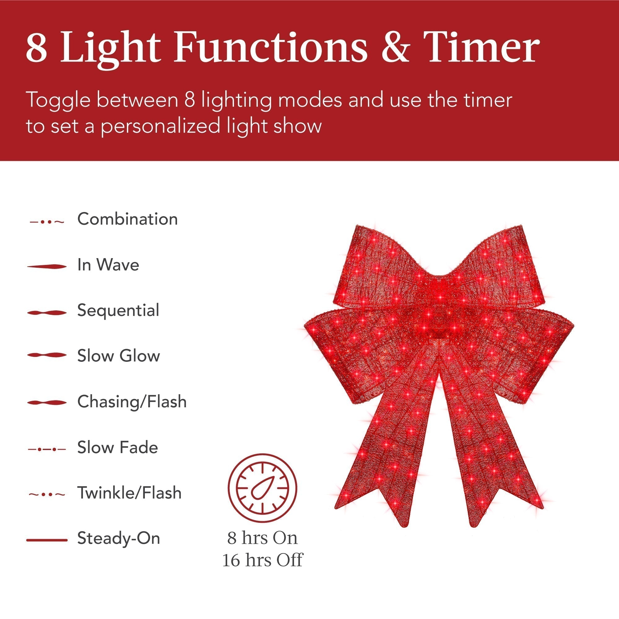 Pre-Lit Large Christmas Bow Decoration, Holiday Decor w/ 8 Functions (49140485685542)