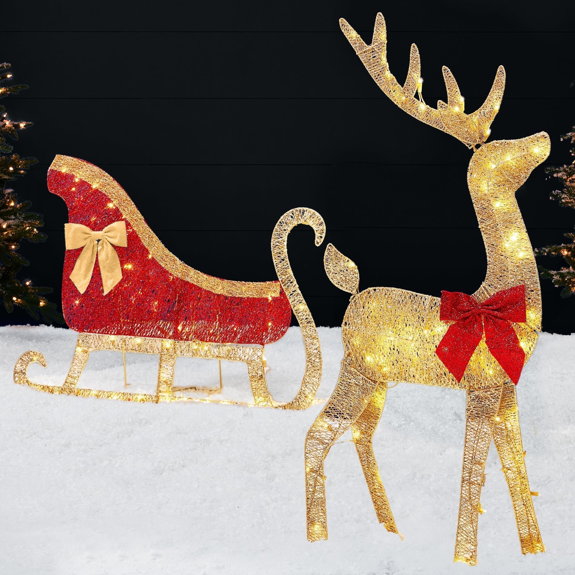 Lighted 2D Outdoor Christmas Reindeer & Sleigh Set w/ Warm White LED Lights (49140573700390)