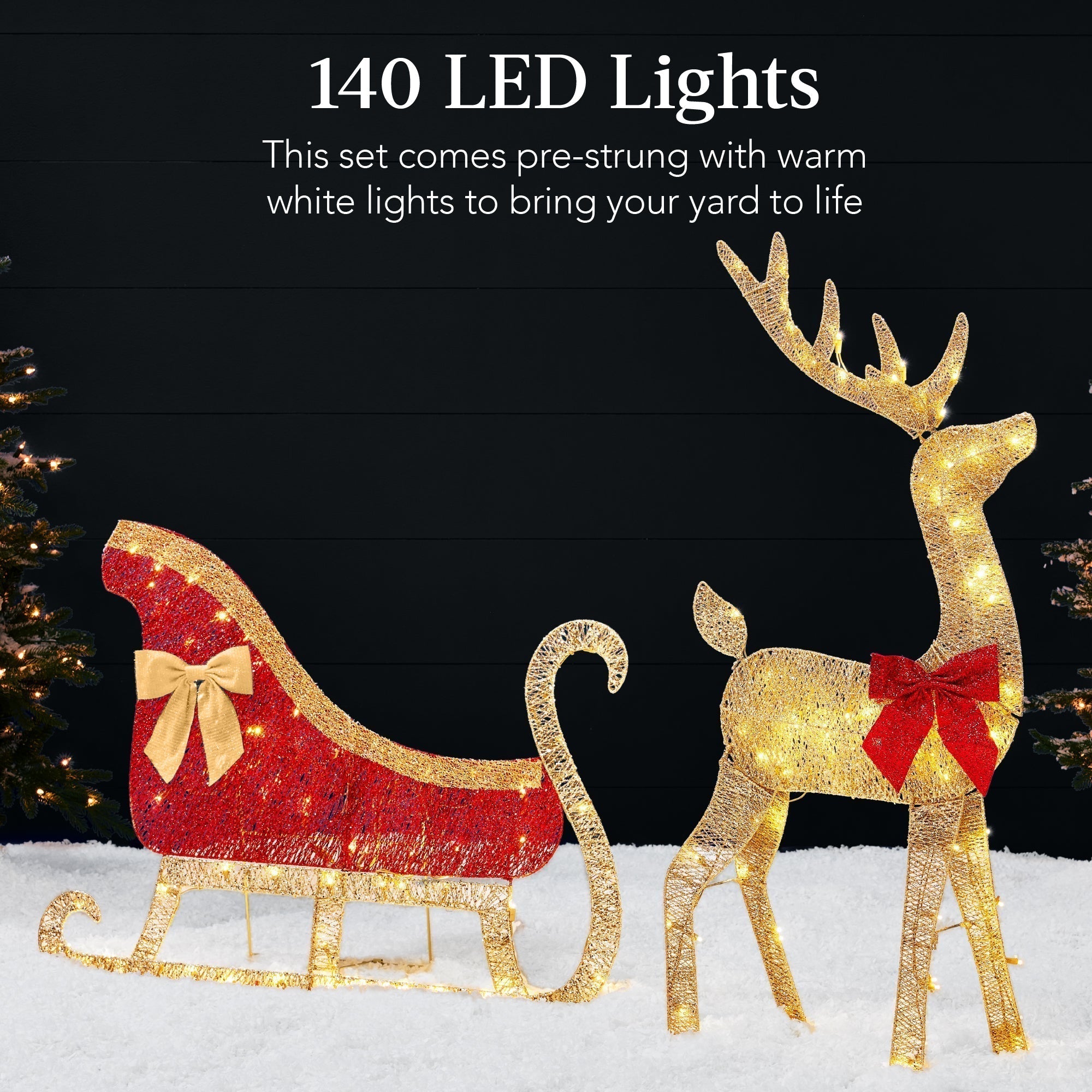 Lighted 2D Outdoor Christmas Reindeer & Sleigh Set w/ Warm White LED Lights (49140573798694)