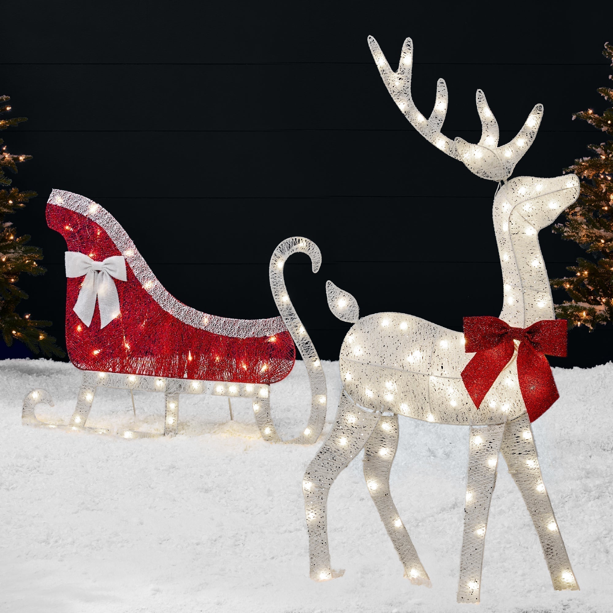 Lighted 2D Outdoor Christmas Reindeer & Sleigh Set w/ Warm White LED Lights (49140574224678)