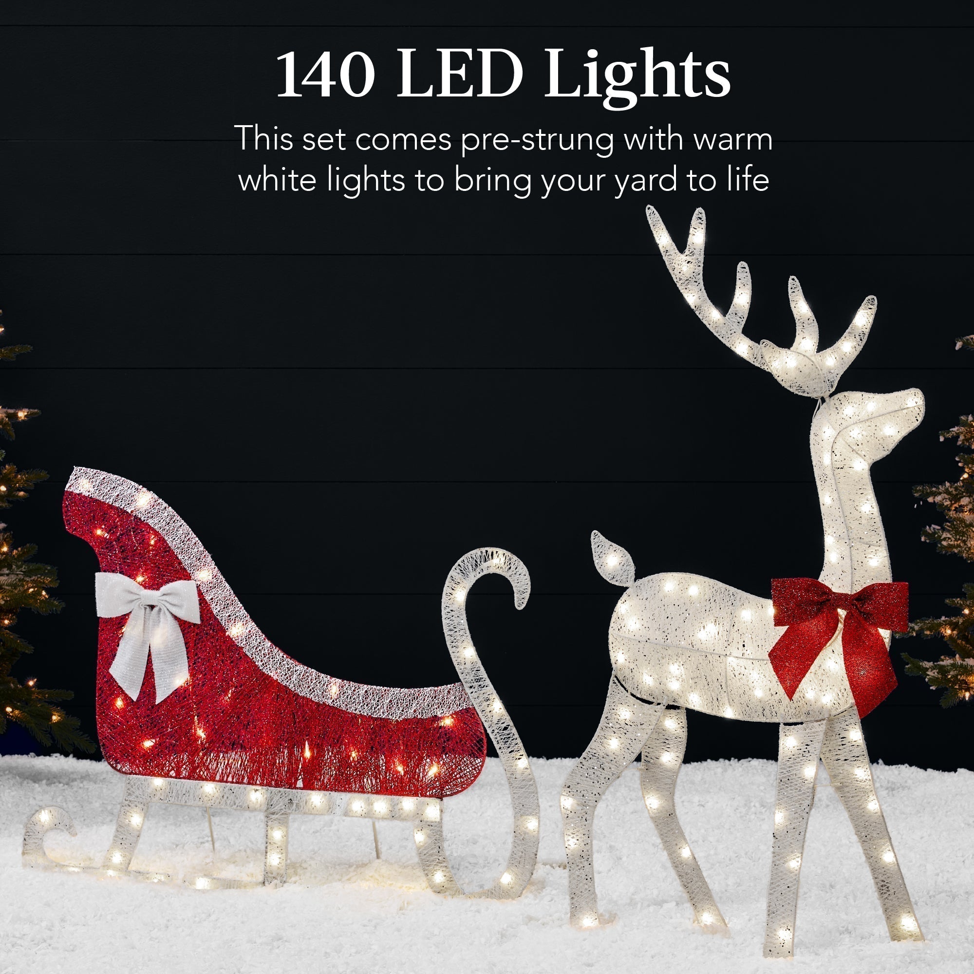 Lighted 2D Outdoor Christmas Reindeer & Sleigh Set w/ Warm White LED Lights (49140574322982)