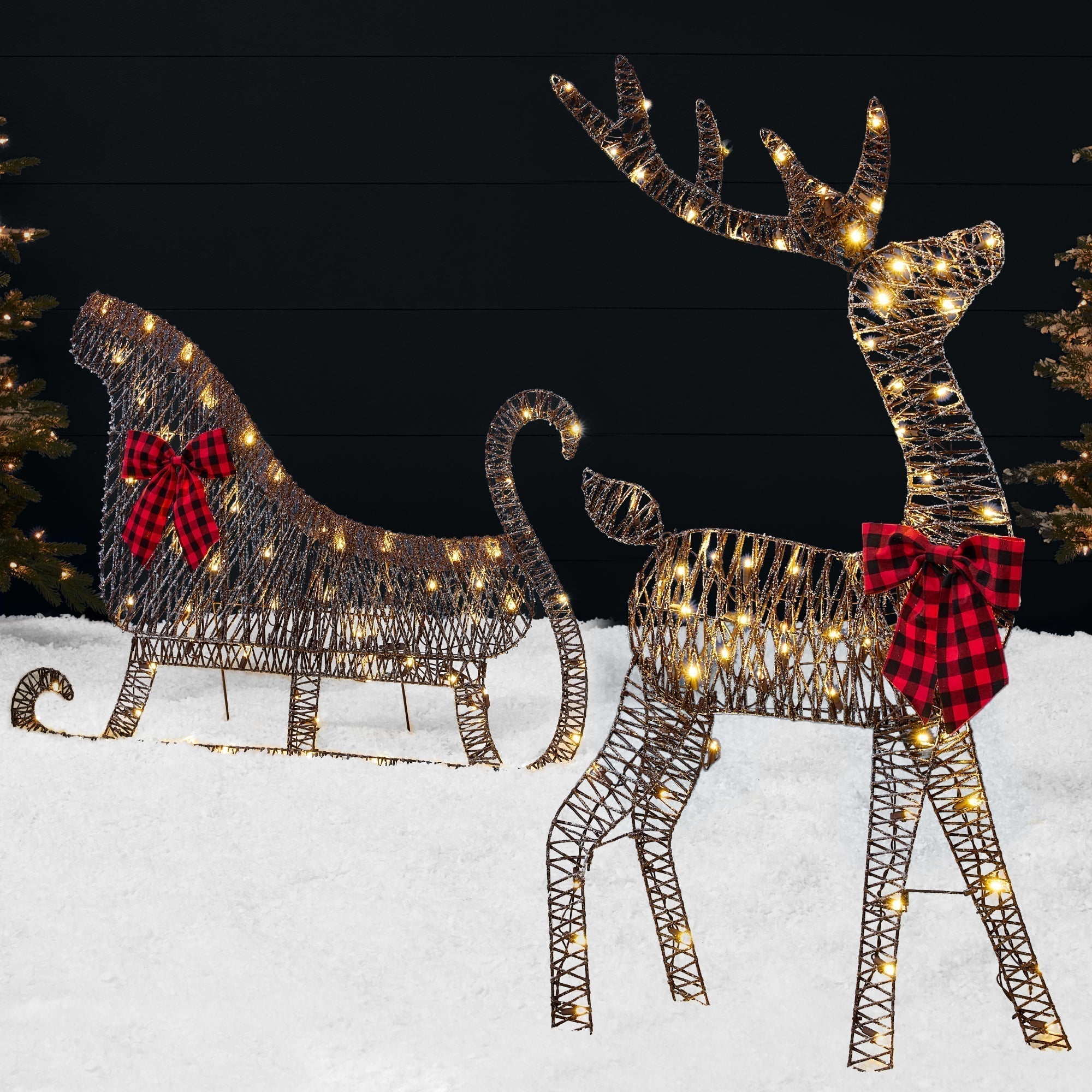 Lighted 2D Outdoor Christmas Reindeer & Sleigh Set w/ Warm White LED Lights (49140573995302)