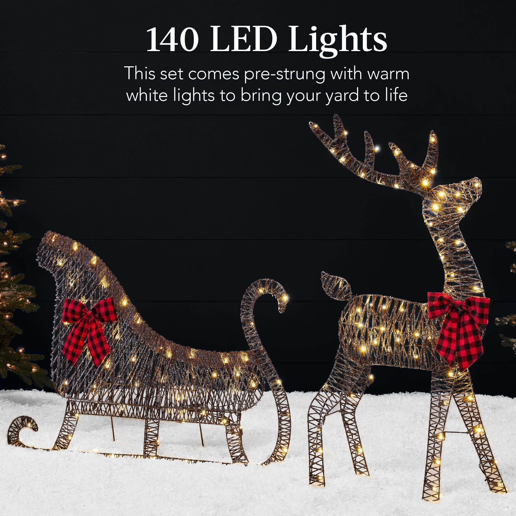 Lighted 2D Outdoor Christmas Reindeer & Sleigh Set w/ Warm White LED Lights (49140574093606)