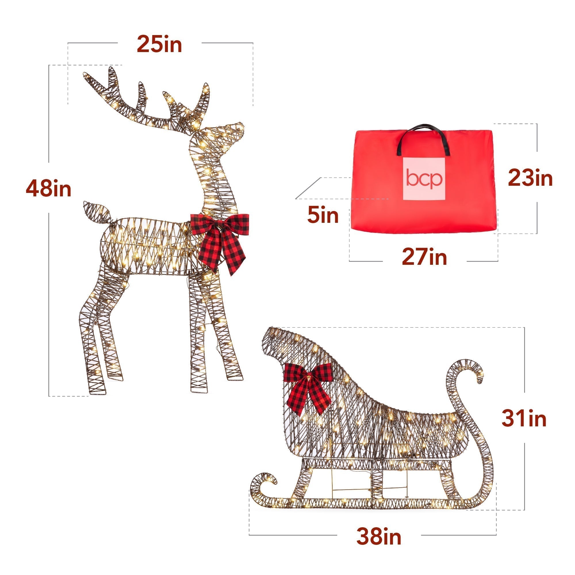 Lighted 2D Outdoor Christmas Reindeer & Sleigh Set w/ Warm White LED Lights (49140574191910)