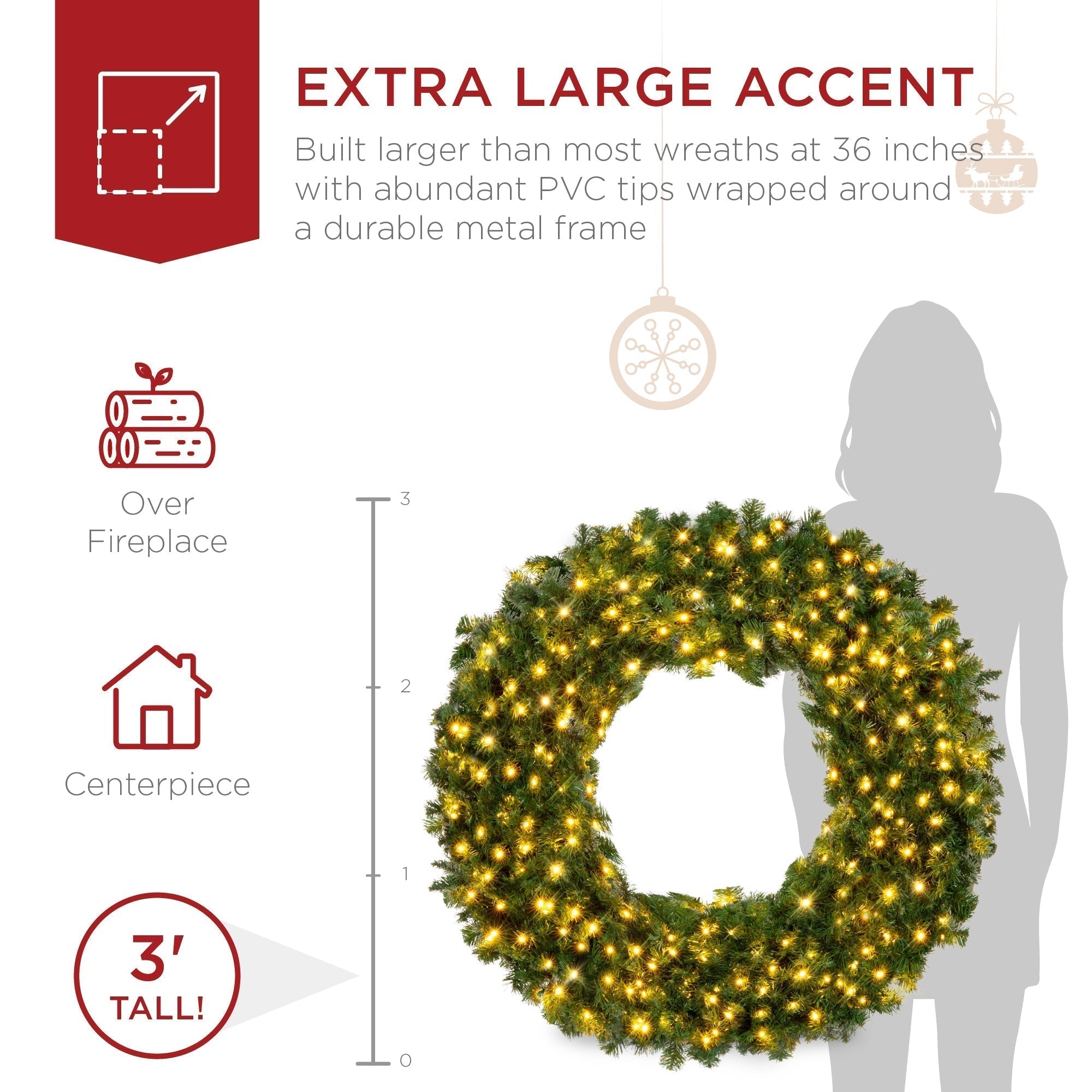 Pre-Lit Artificial Fir Christmas Wreath w/ LED Lights, Plug-In, PVC Tips (49140481196326)