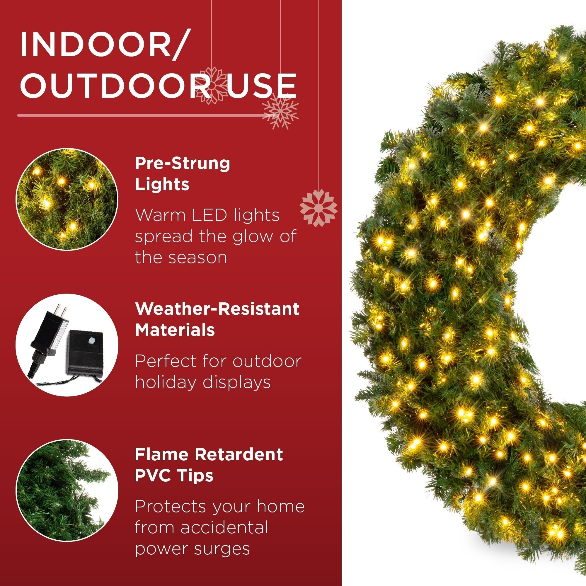 Pre-Lit Artificial Fir Christmas Wreath w/ LED Lights, Plug-In, PVC Tips (49140481229094)