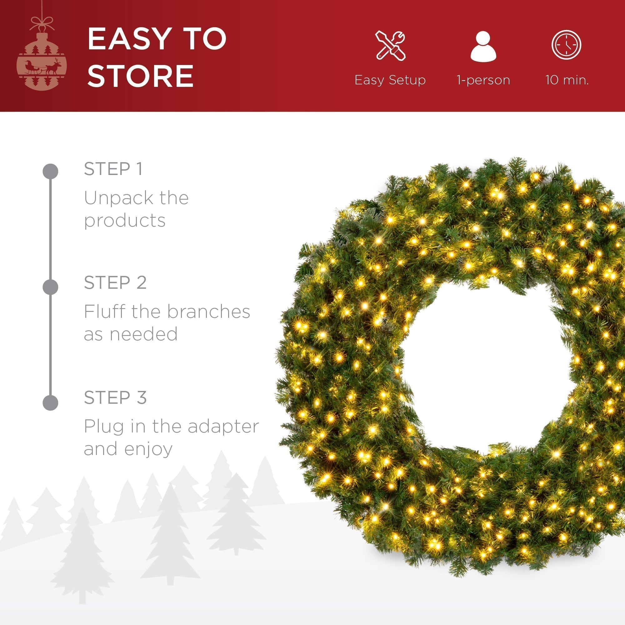 Pre-Lit Artificial Fir Christmas Wreath w/ LED Lights, Plug-In, PVC Tips (49140481261862)