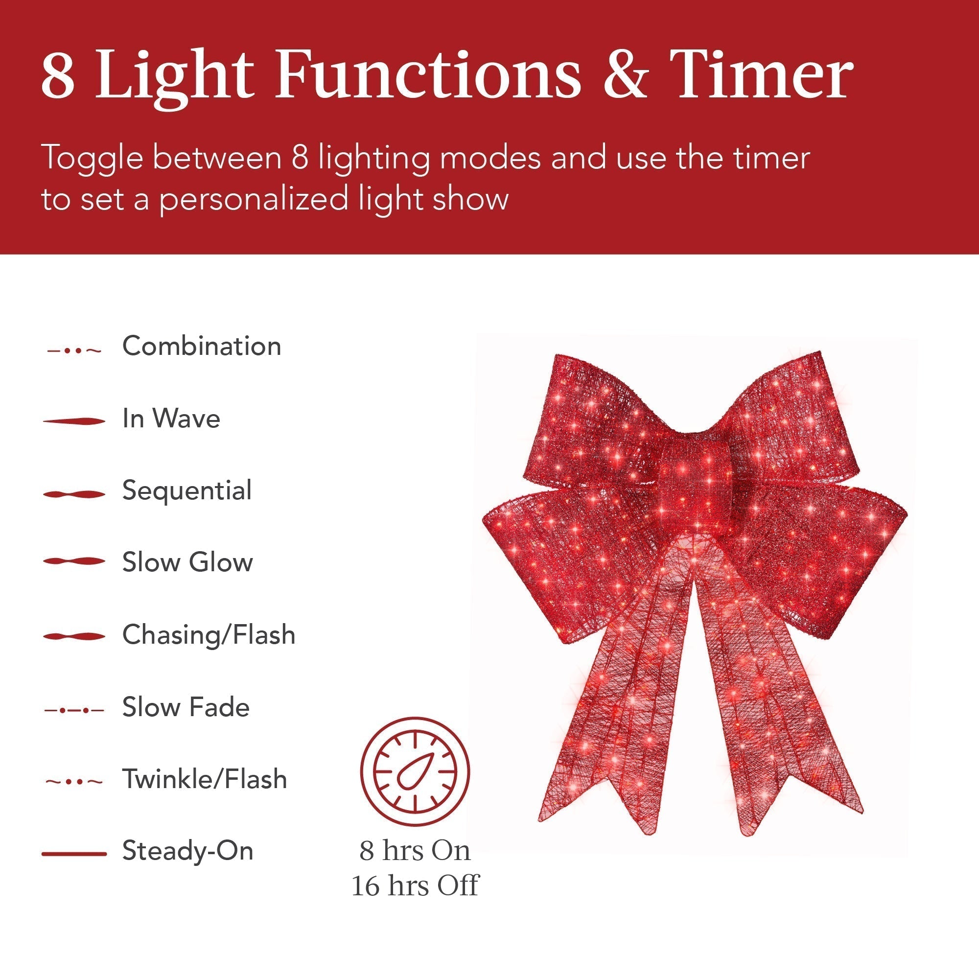 Pre-Lit Large Christmas Bow Decoration, Holiday Decor w/ 8 Functions (49140592967974)